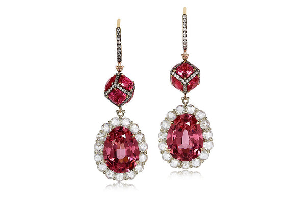 PAIR OF PINK SPINEL AND DIAMOND PENDENT EARRINGS