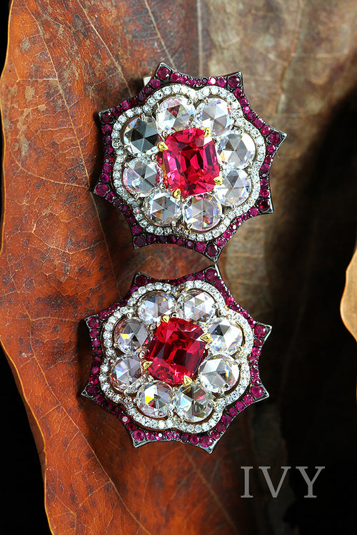 Red Spinel, Ruby and Diamond Earrings