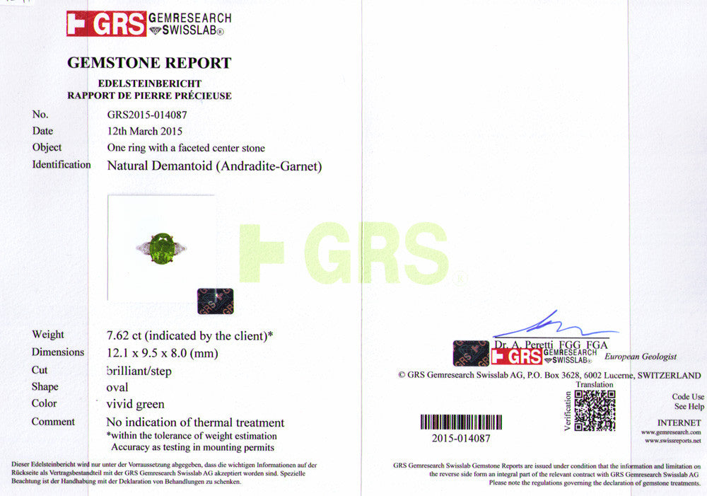 Demantoid Ring Certificate