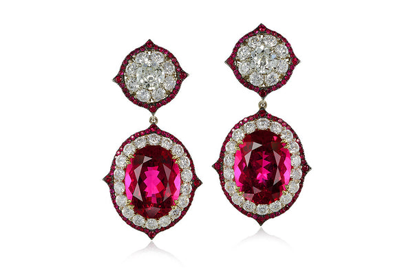 PAIR OF RUBELLITE, RUBY AND DIAMOND PENDENT EARCLIPS, IVY