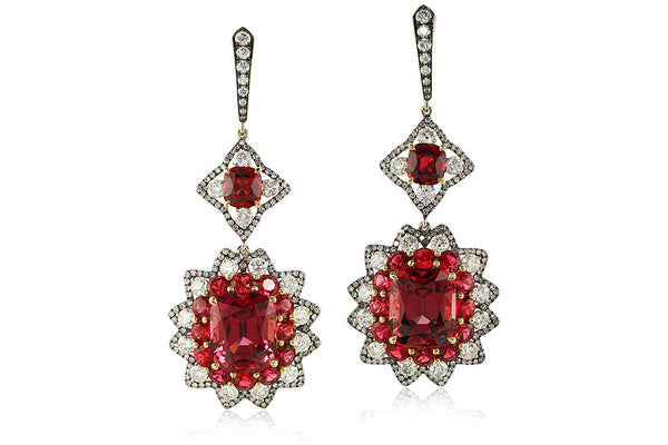 PAIR OF RED SPINEL AND DIAMOND PENDENT EARRINGS, IVY