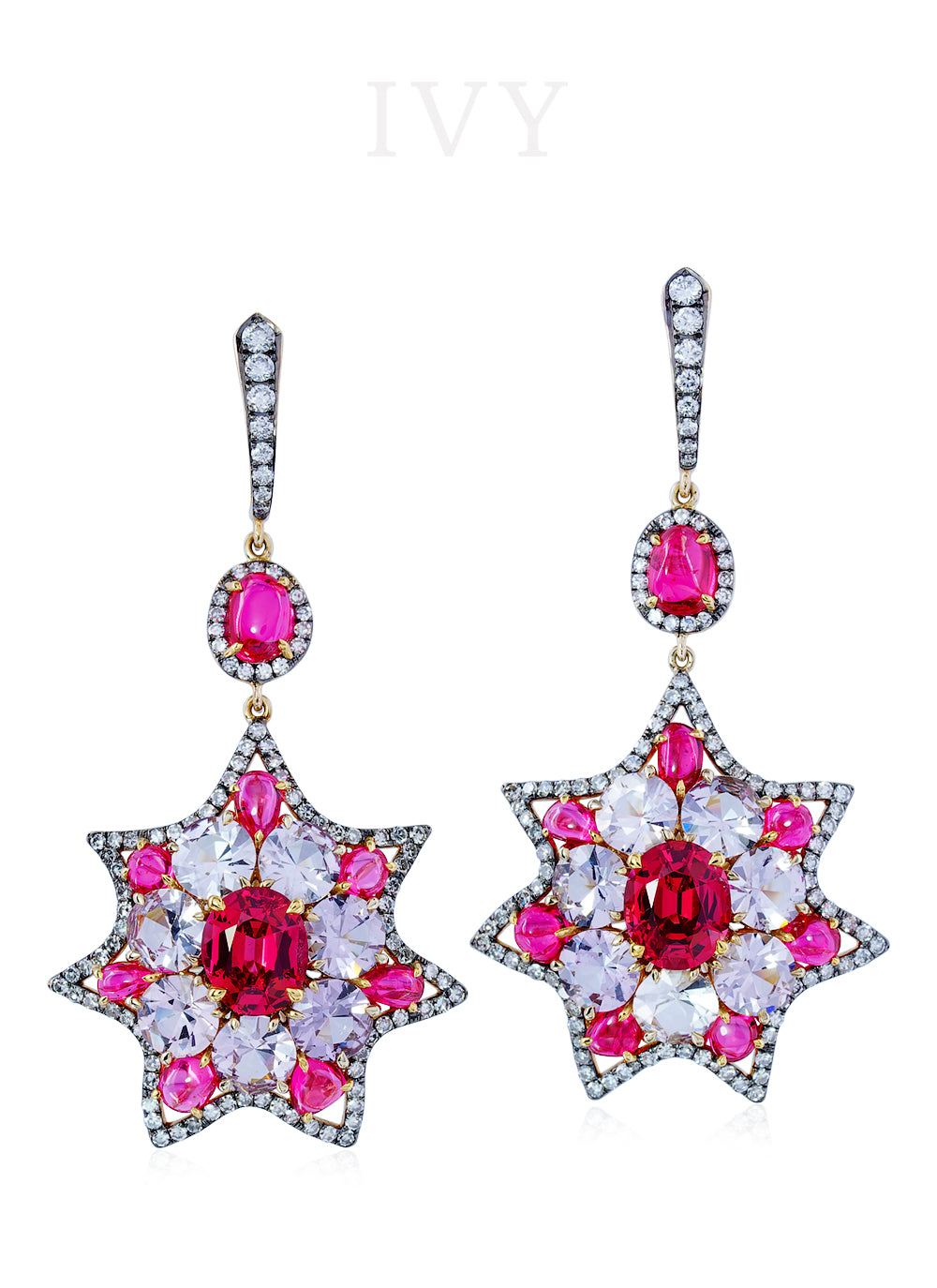 Red Spinel Burma and Diamond Star Earrings