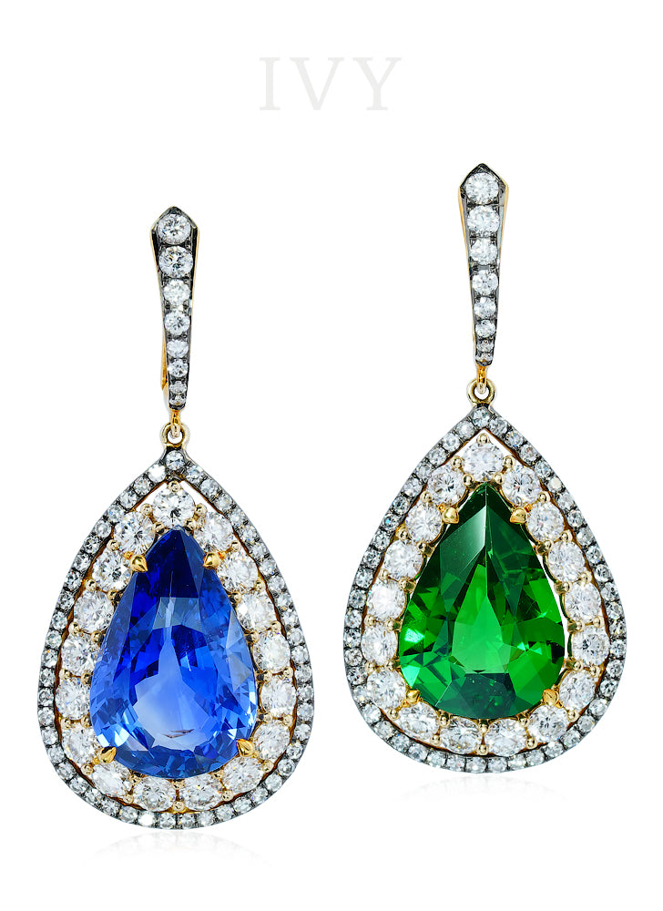 Blue Sapphire, Tsavorite and Diamond Earrings