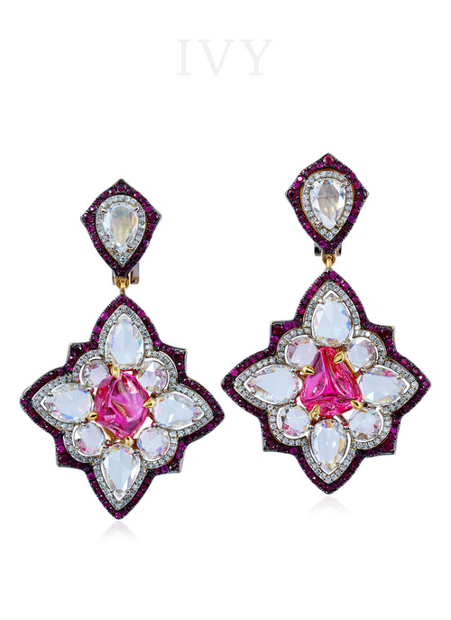 Red Spinel Crystal, Ruby and Diamond Earrings