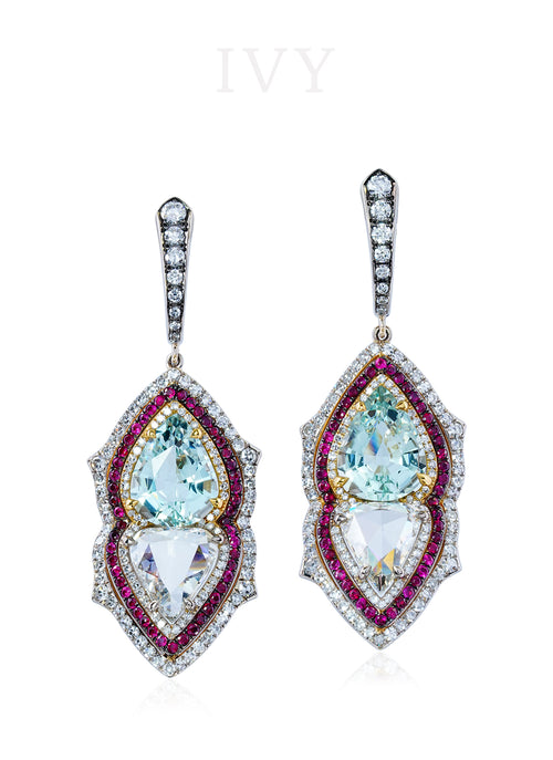 Gemini Earrings with Aquamarines, Rubies and Diamond