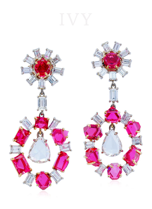 Red Spinel and Diamond Radiant Earrings