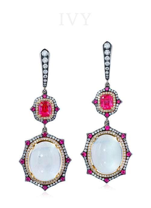 Moonstone, Red Spinel and Diamond Earrings