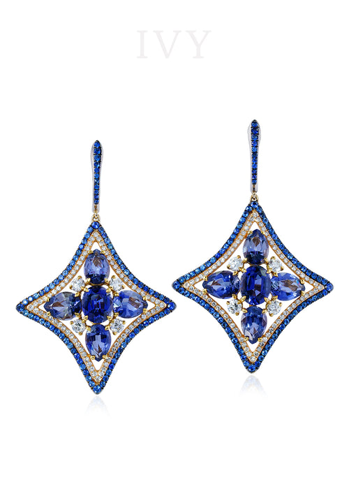 Iolite, Blue Sapphire and Diamond Windrose Earrings