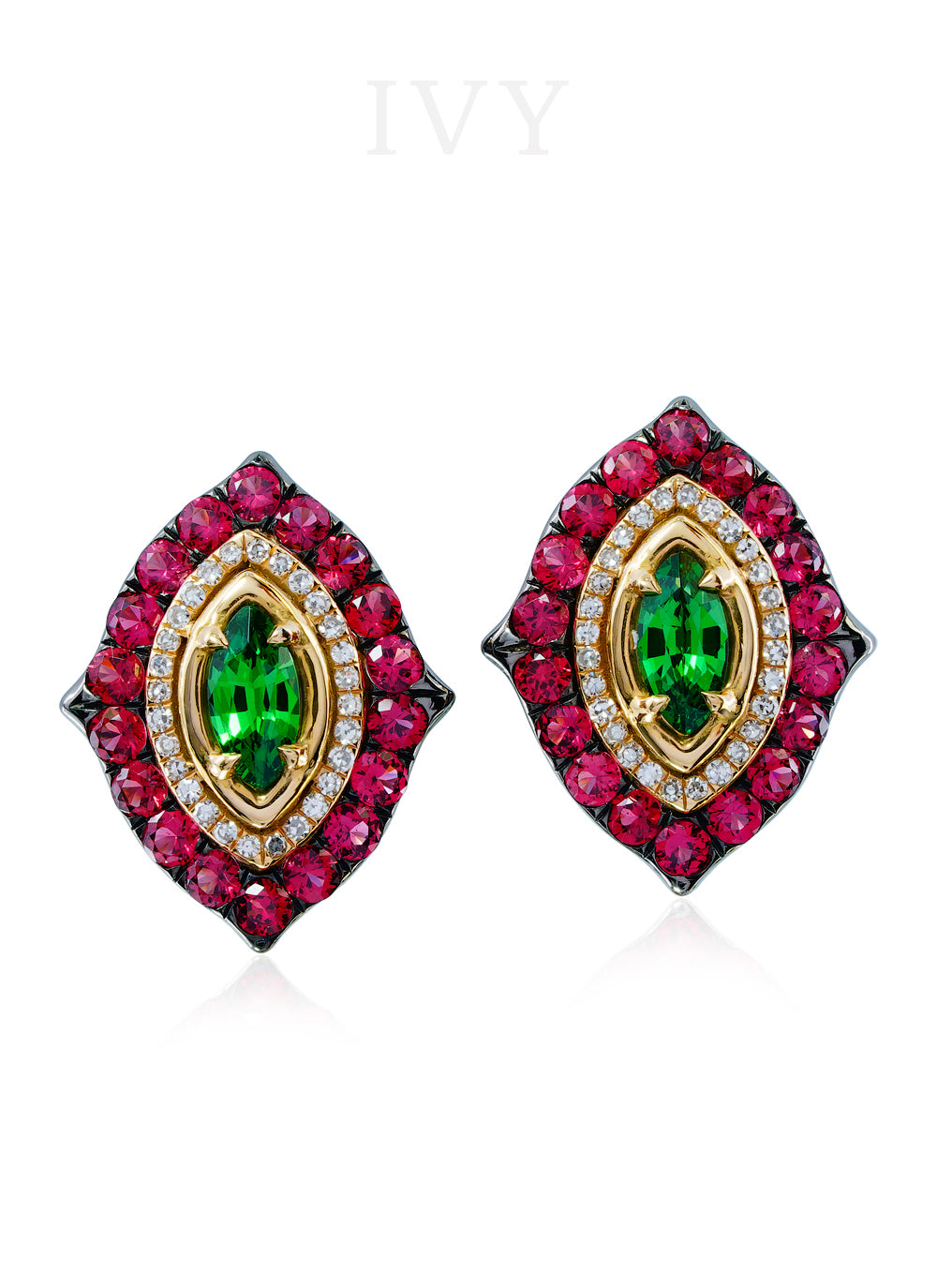 La Marchesa Earrings with Tsavorites and Red Spinel