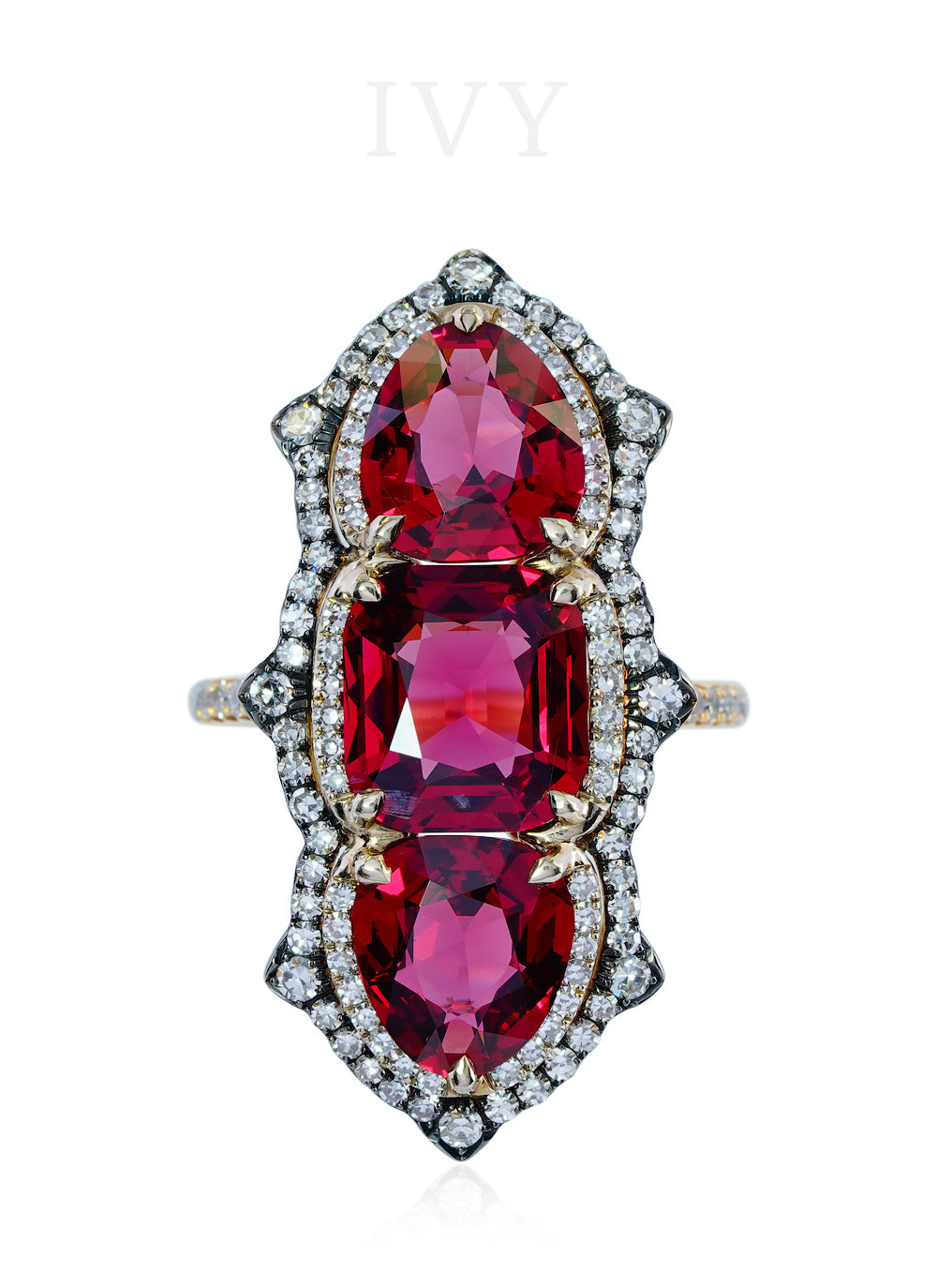 Red Spinel and Diamond Triple Ring
