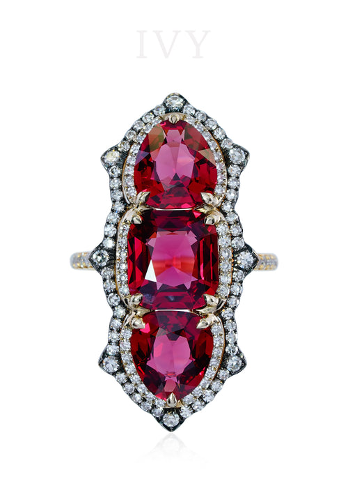 Red Spinel and Diamond Triple Ring