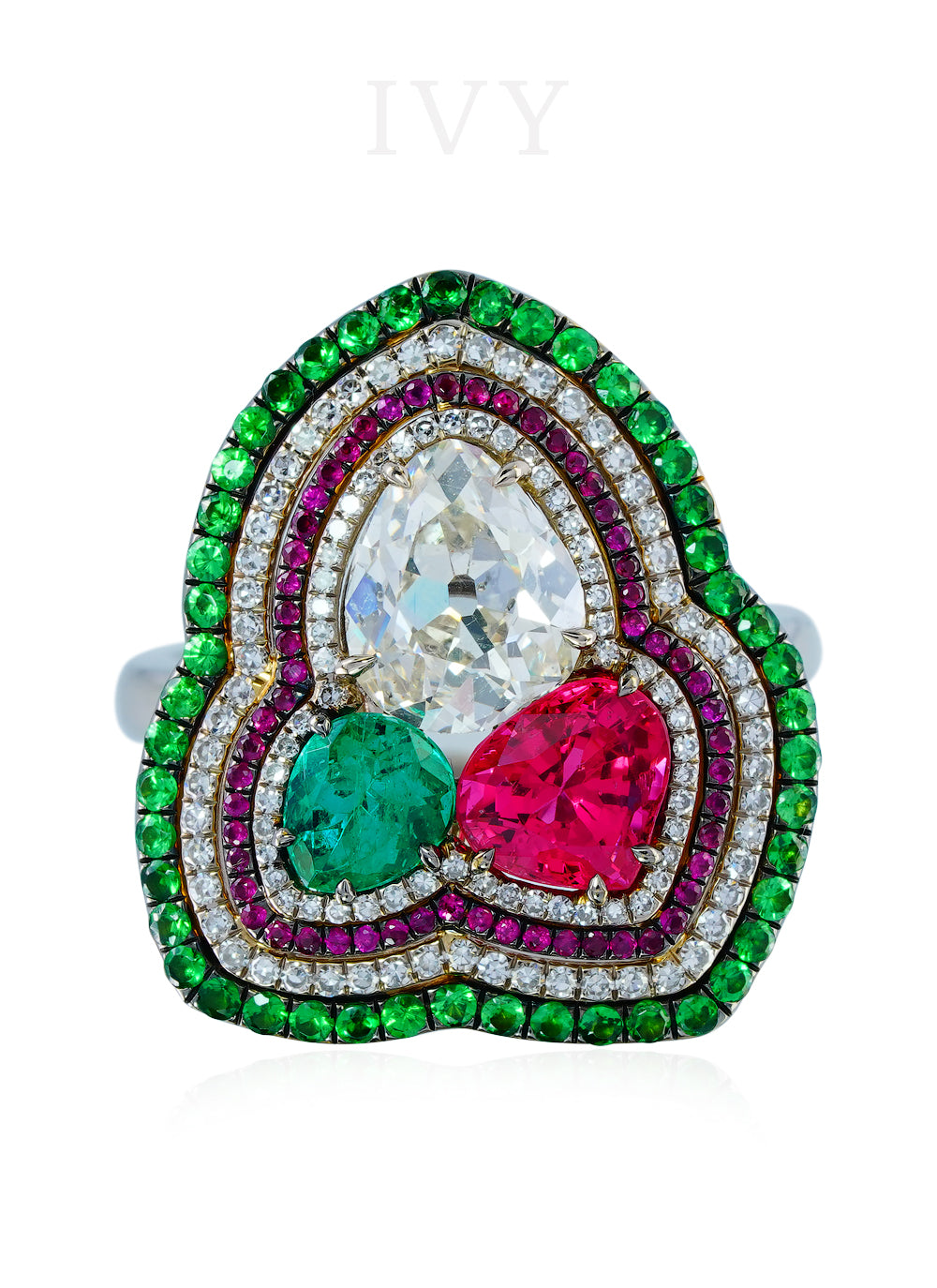 Red Spinel, Emerald, Tsavorite, Ruby and Diamond Ring