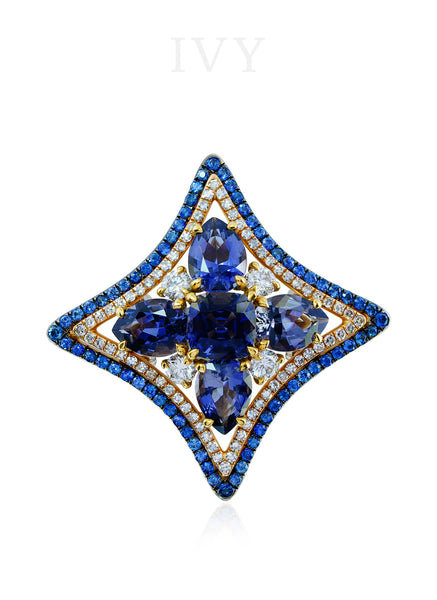 Iolite and Diamond Windrose Ring