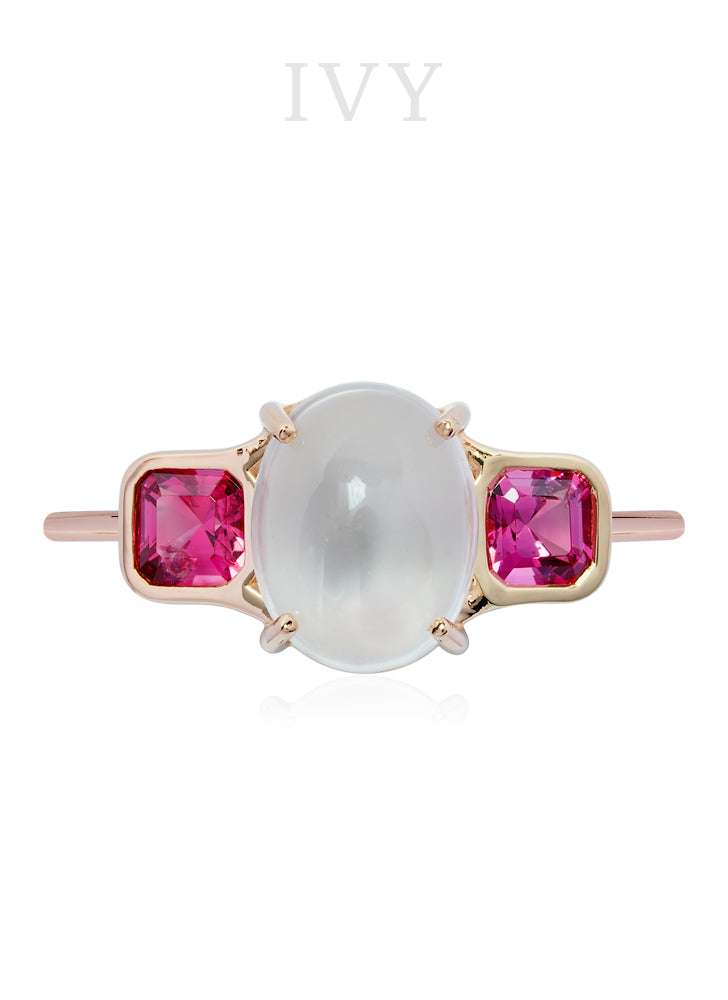 Moonstone and Red Spinel Ring