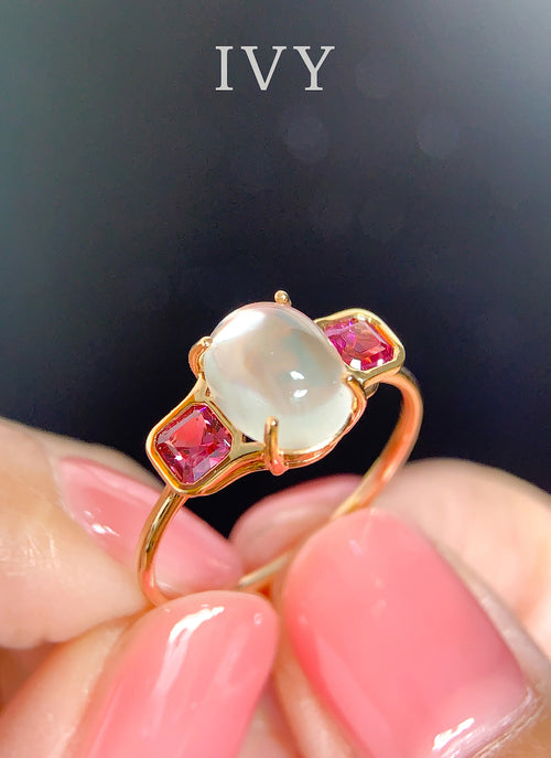 Moonstone and Red Spinel Ring