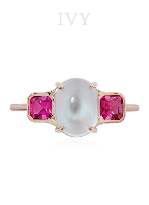 Moonstone and Red Spinel Ring