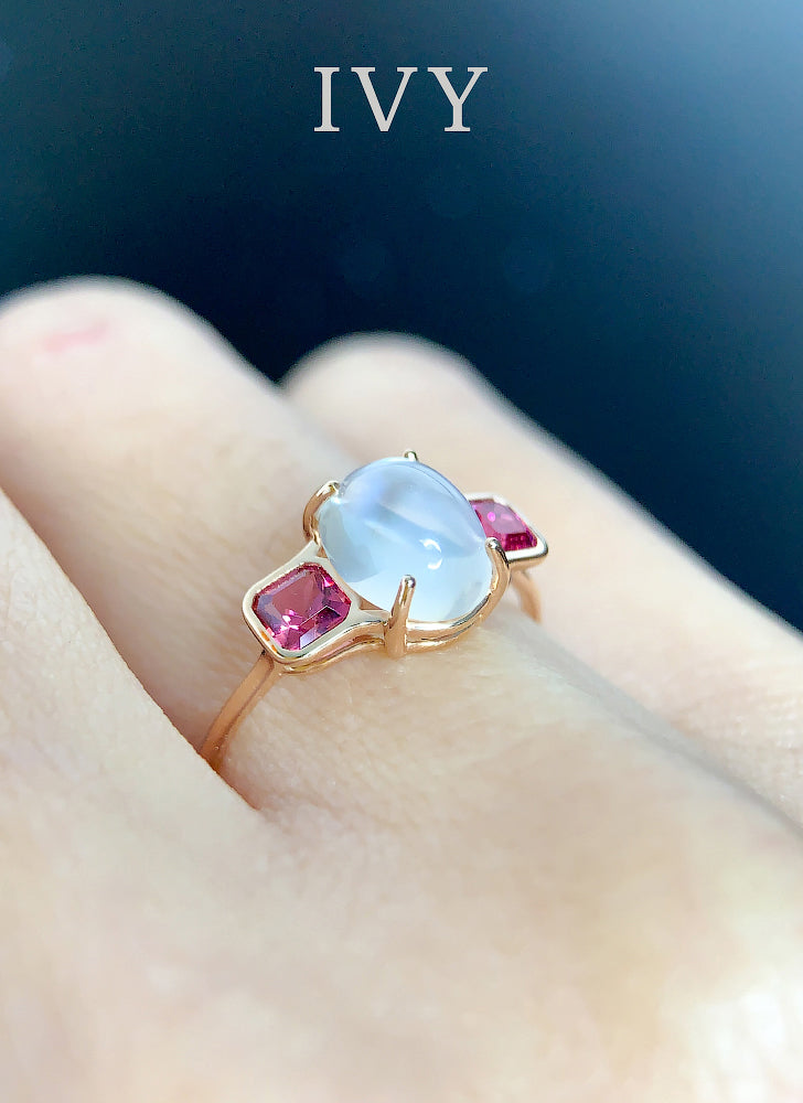 Moonstone and Red Spinel Ring