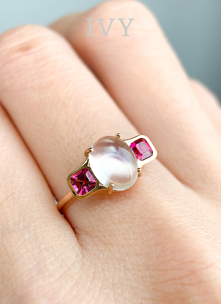Moonstone and Pink Spinel Ring