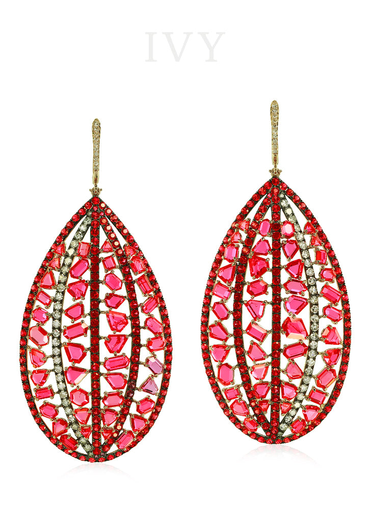 Red Spinel and Diamond Stitched Earrings