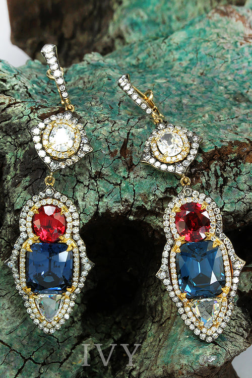 Red & Blue Spinel and Diamond Tricolore Earrings