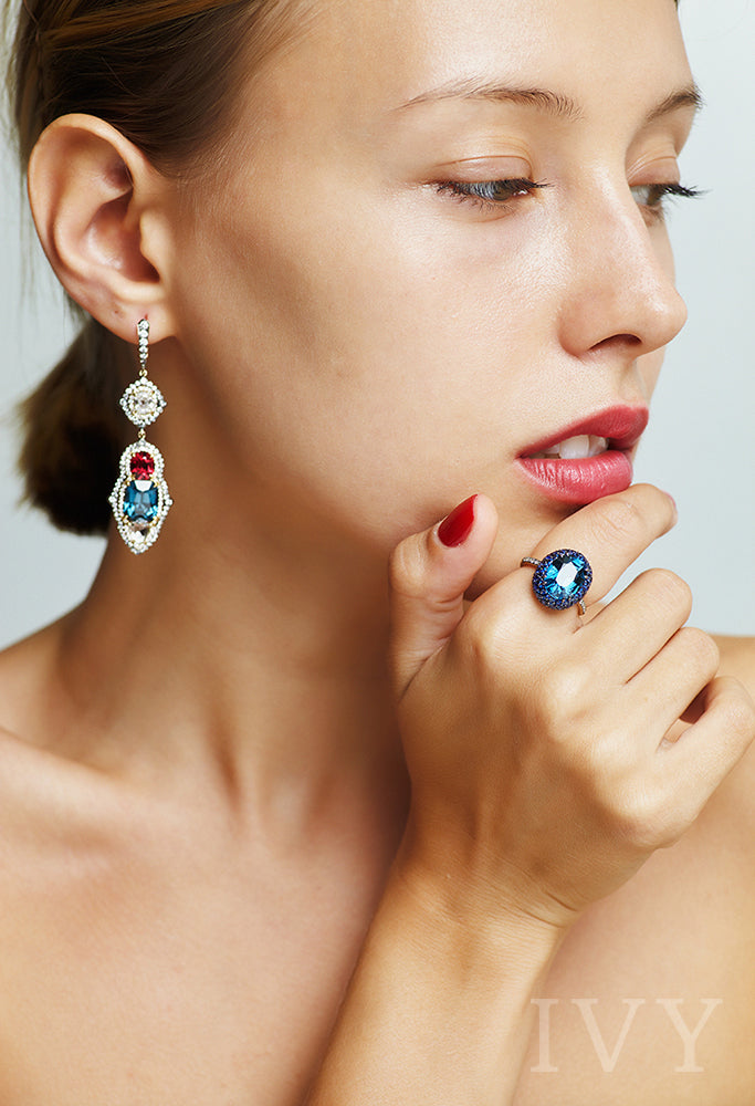 Red & Blue Spinel and Diamond Tricolore Earrings