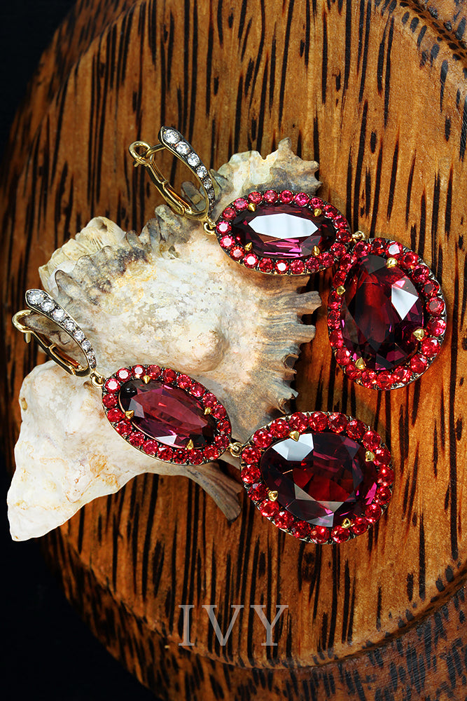 Rhodolite, Spinel and Diamond Earrings