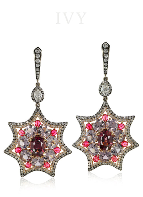 Rhodolite, Spinel and Diamond Star Earrings