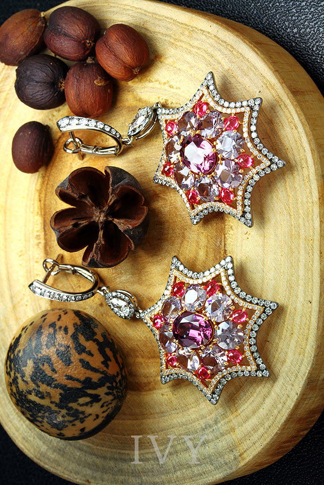 Rhodolite, Spinel and Diamond Star Earrings