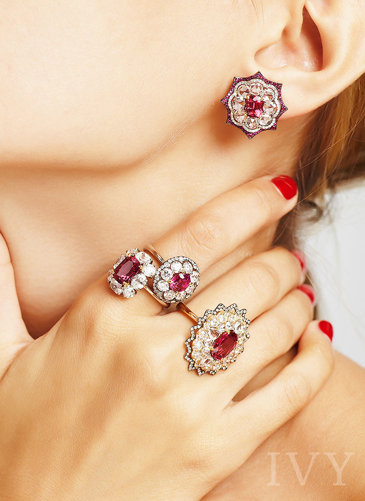 Red Spinel, Ruby and Diamond Earrings