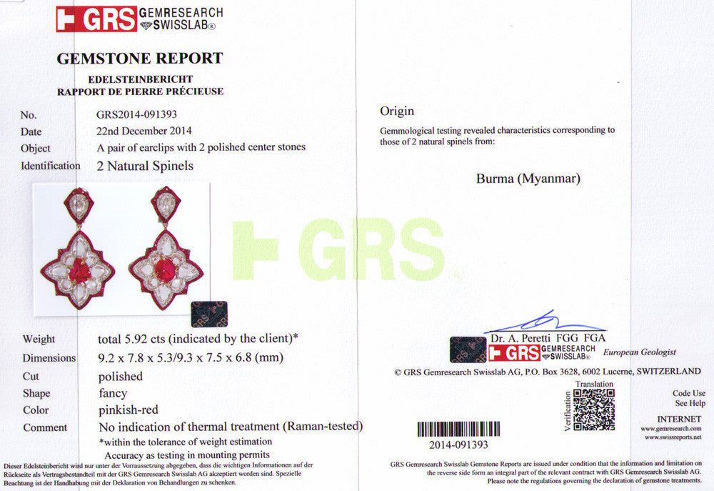 Red Spinel Crystal, Ruby and Diamond Earrings