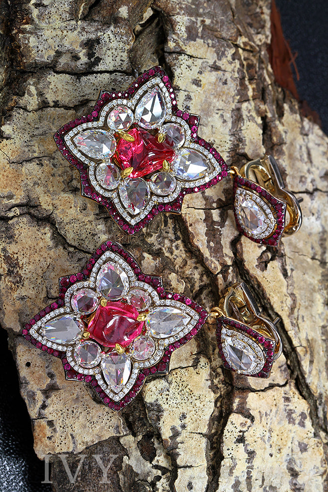 Red spinel, Ruby and Diamond Earrings