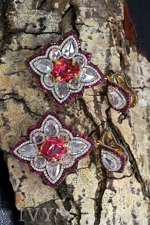Red spinel, Ruby and Diamond Earrings