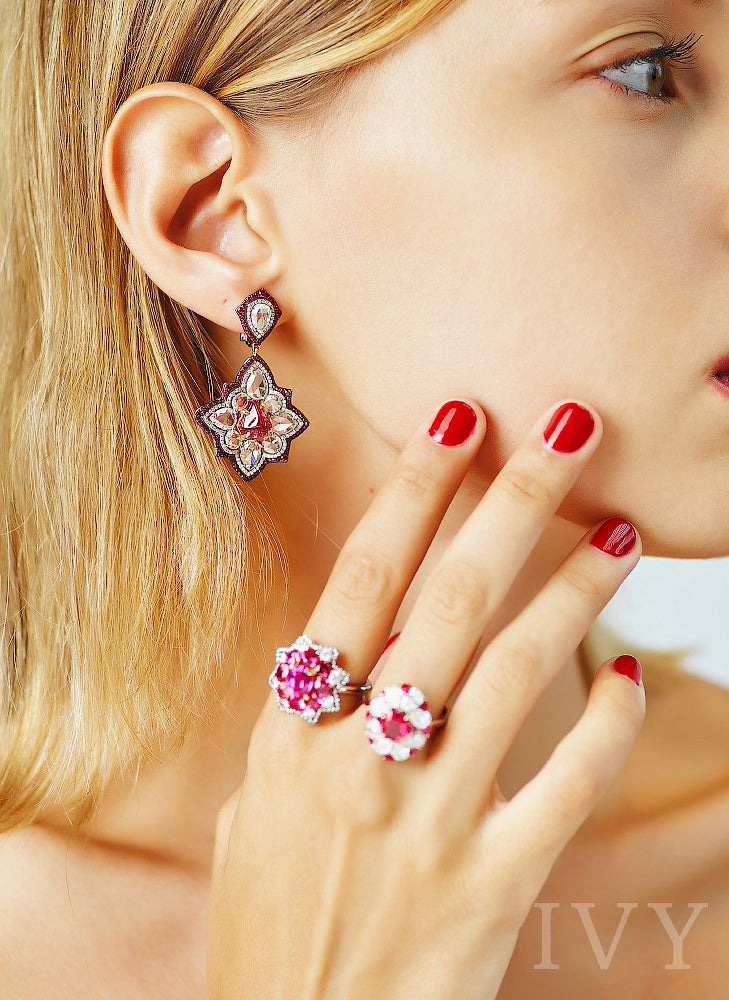 Red Spinel Crystal, Ruby and Diamond Earrings