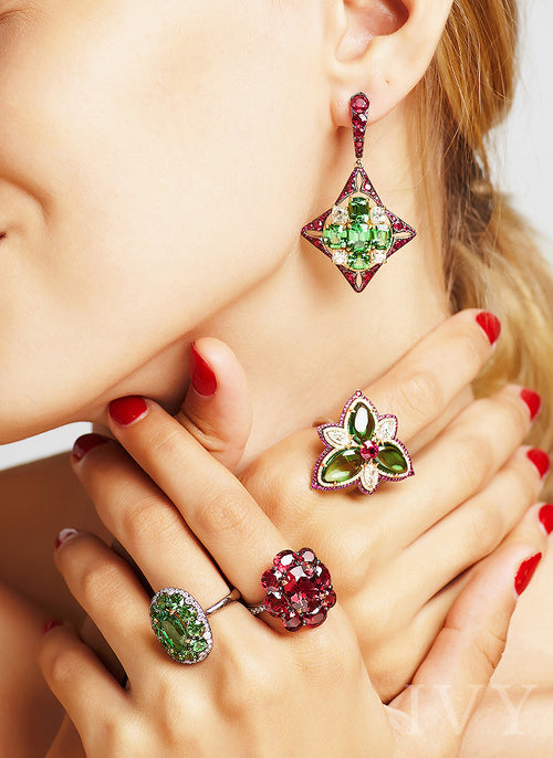 Tsavorite, Ruby and Diamond Earrings