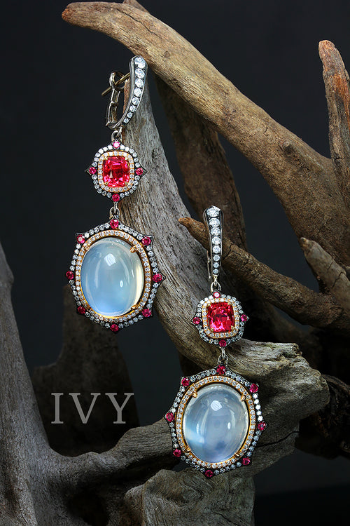 Moonstone and red spinel earrings