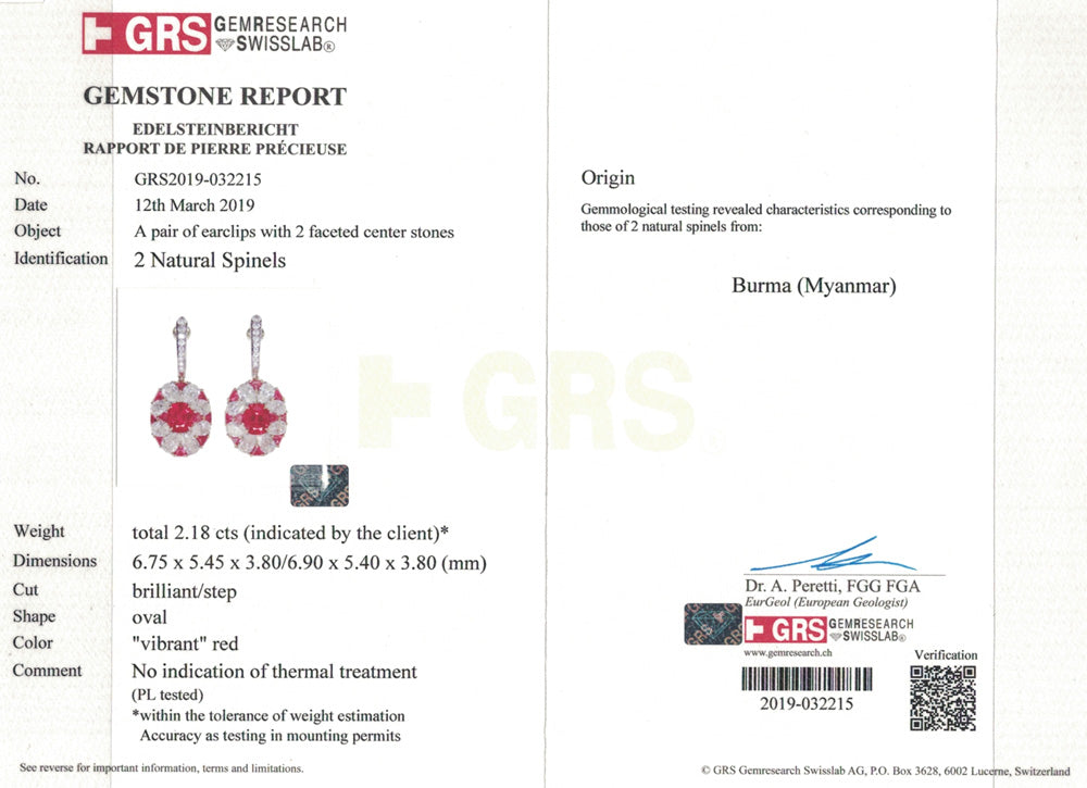 Red Spinel and Diamond Earrings Certified