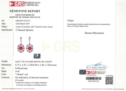 Red Spinel and Diamond Earrings Certified