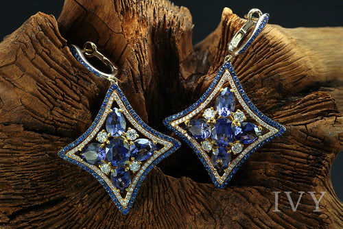 Iolite, Blue Sapphire and Diamond Windrose Earrings
