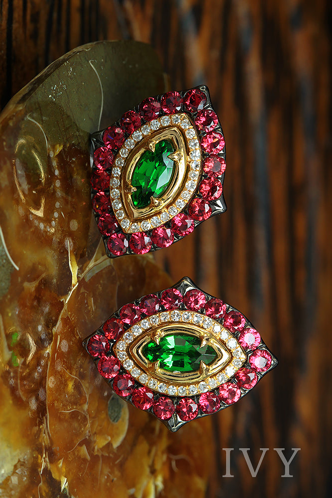 Earrings with Tsavorites and Red Spinel