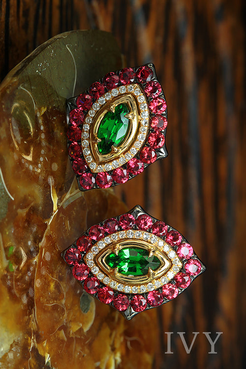 Earrings with Tsavorites and Red Spinel