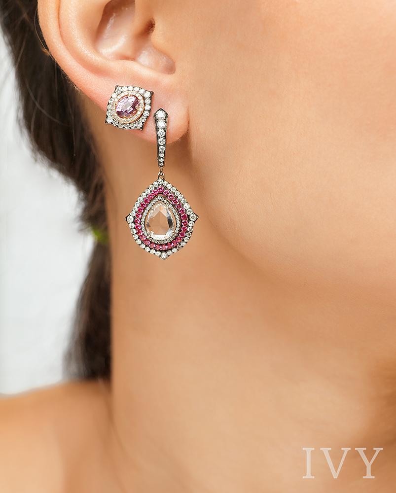 Rose-Cut Diamond and Red Spinel Earrings