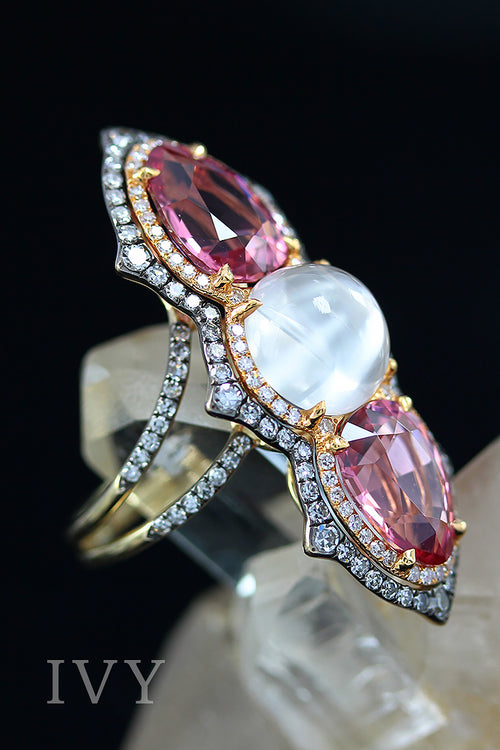 Pink Spinel, Moonstone and Diamond Ring