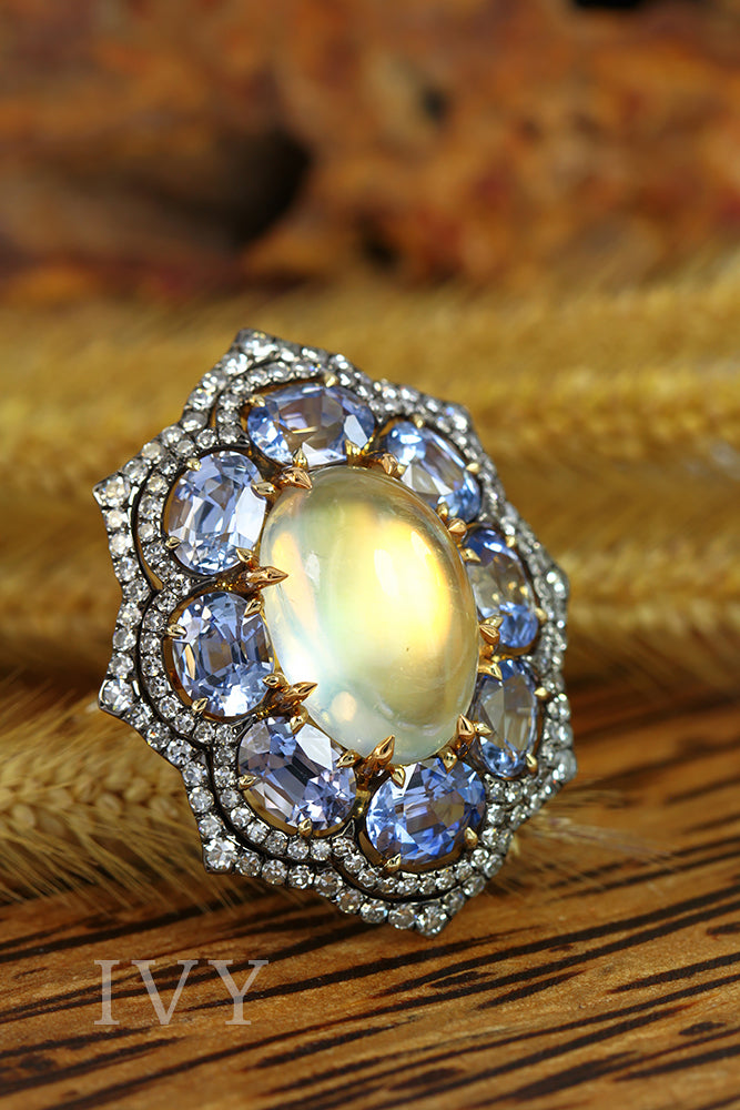 Moonstone Sapphire and Diamond Ring