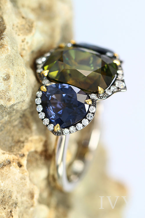 Demantoid, Blue Spinel and Diamond Ring