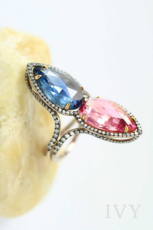 Burma Sapphire and Pink Spinel Gemini Ring