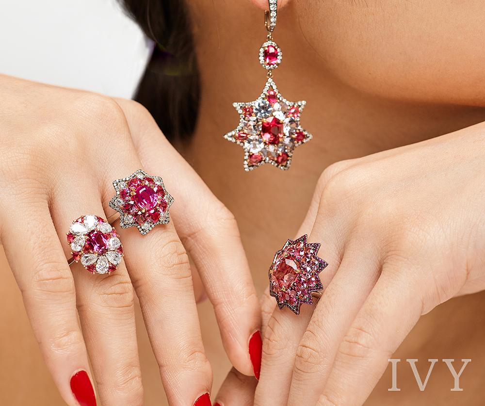 Red Spinel Burma and Diamond Star Earrings