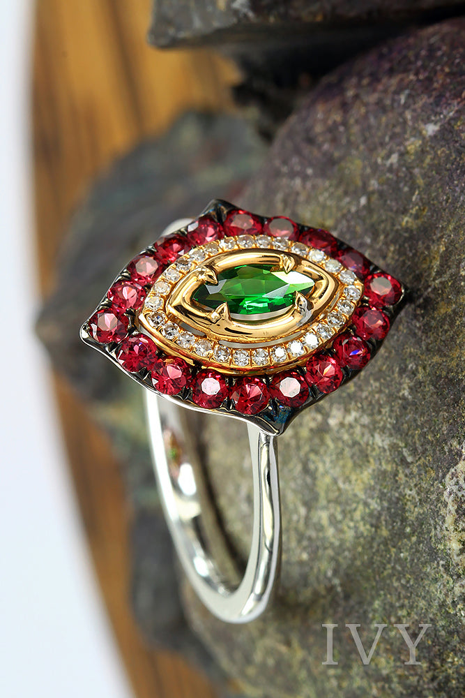 Tsavorite and Red Spinel Ring